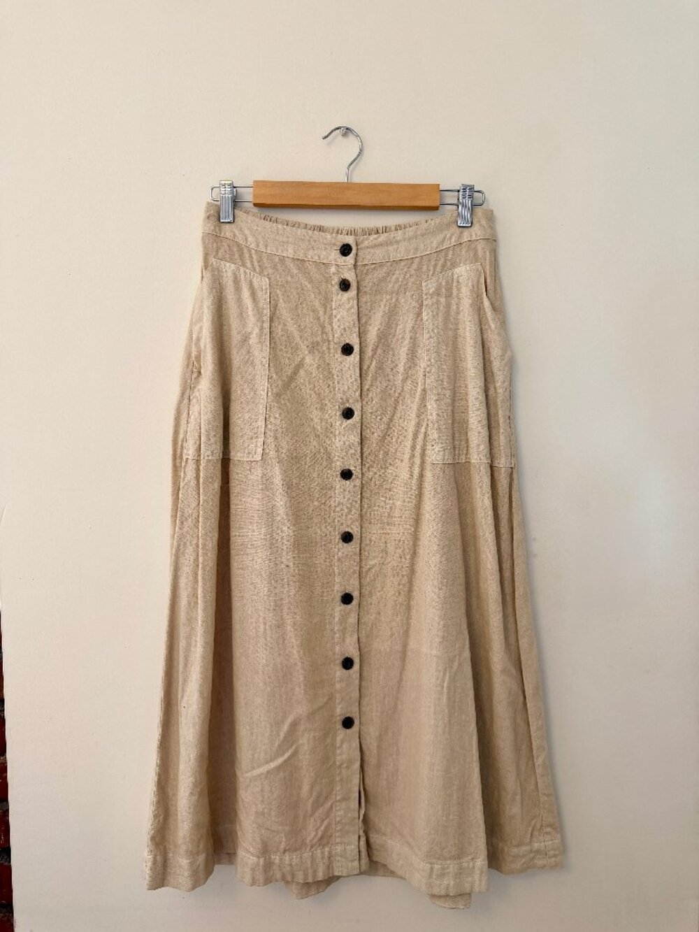 Cream Linen Blend Button Front Midi Skirt - Size S